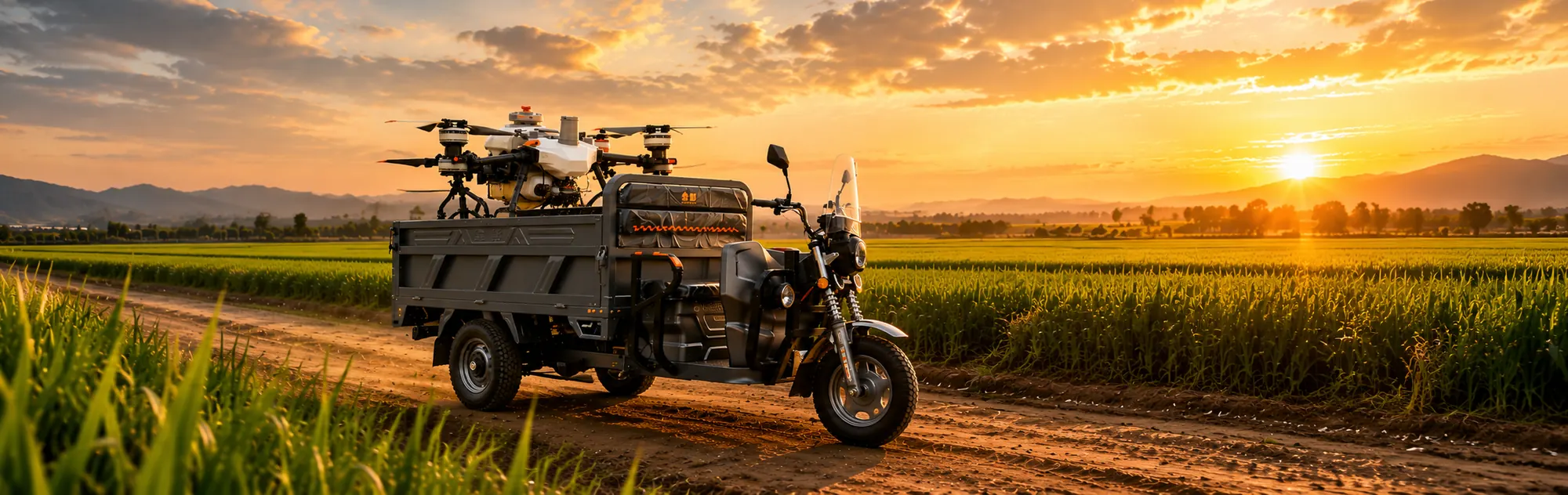 Tricimoto eléctrica Power On en campo con un dron agrícola